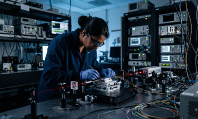 Photo of a technician adjusting an optical fiber coupling system in a quantum photonics research lab, with a laser beam visible through a beam splitter.