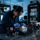 Photo of a technician adjusting an optical fiber coupling system in a quantum photonics research lab, with a laser beam visible through a beam splitter.