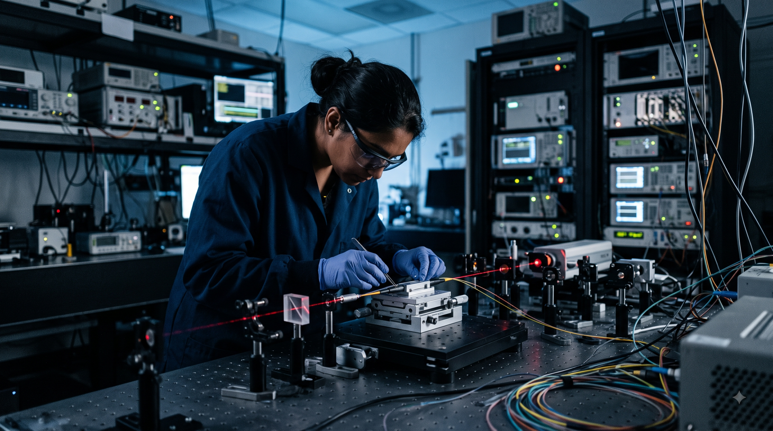 Photo of a technician adjusting an optical fiber coupling system in a quantum photonics research lab, with a laser beam visible through a beam splitter.