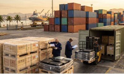 Photorealistic image of a customs official reviewing documents at a Brazilian seaport cargo terminal.