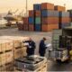 Photorealistic image of a customs official reviewing documents at a Brazilian seaport cargo terminal.