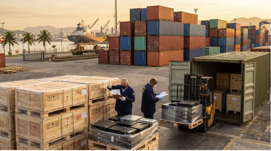 Photorealistic image of a customs official reviewing documents at a Brazilian seaport cargo terminal.