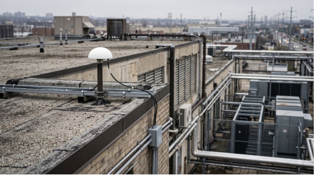 Photorealistic image of a rooftop GNSS antenna connected by cable toward an equipment room below.