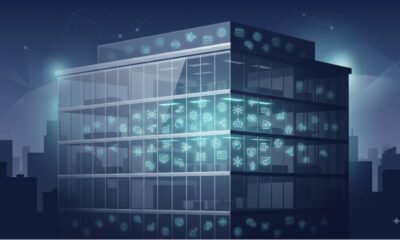 Conceptual illustration of AI tool usage scattered visibly and invisibly around an office building, representing shadow AI.