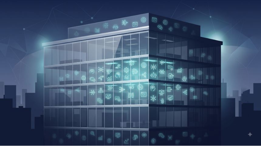 Conceptual illustration of AI tool usage scattered visibly and invisibly around an office building, representing shadow AI.