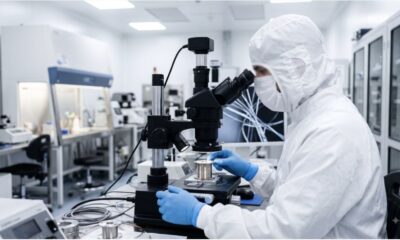 Photorealistic image of a cleanroom technician inspecting a spool of ultra-fine wire under a microscope station during medical coil manufacturing.