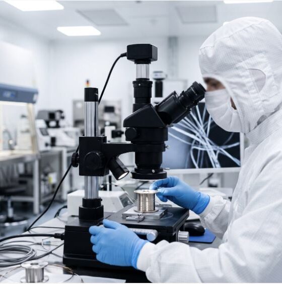 Photorealistic image of a cleanroom technician inspecting a spool of ultra-fine wire under a microscope station during medical coil manufacturing.