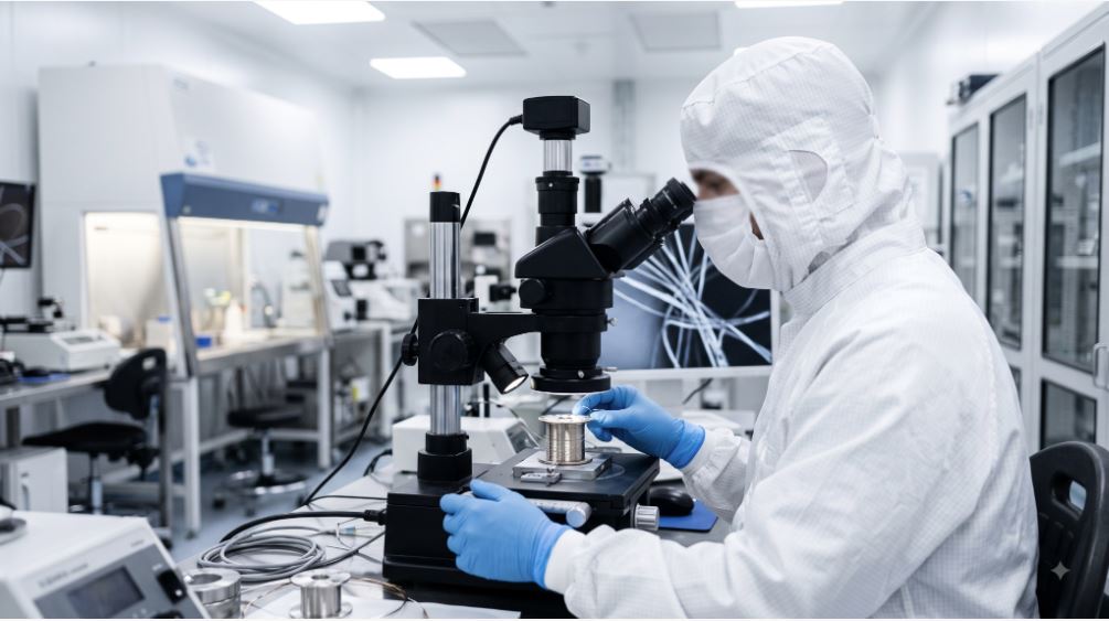 Photorealistic image of a cleanroom technician inspecting a spool of ultra-fine wire under a microscope station during medical coil manufacturing.