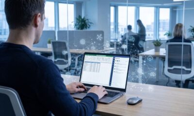 Photograph of an office worker at a laptop with a faint, semi-transparent overlay of scattered app icons and chat bubbles around the screen, suggesting hidden or unofficial AI tools running unseen.