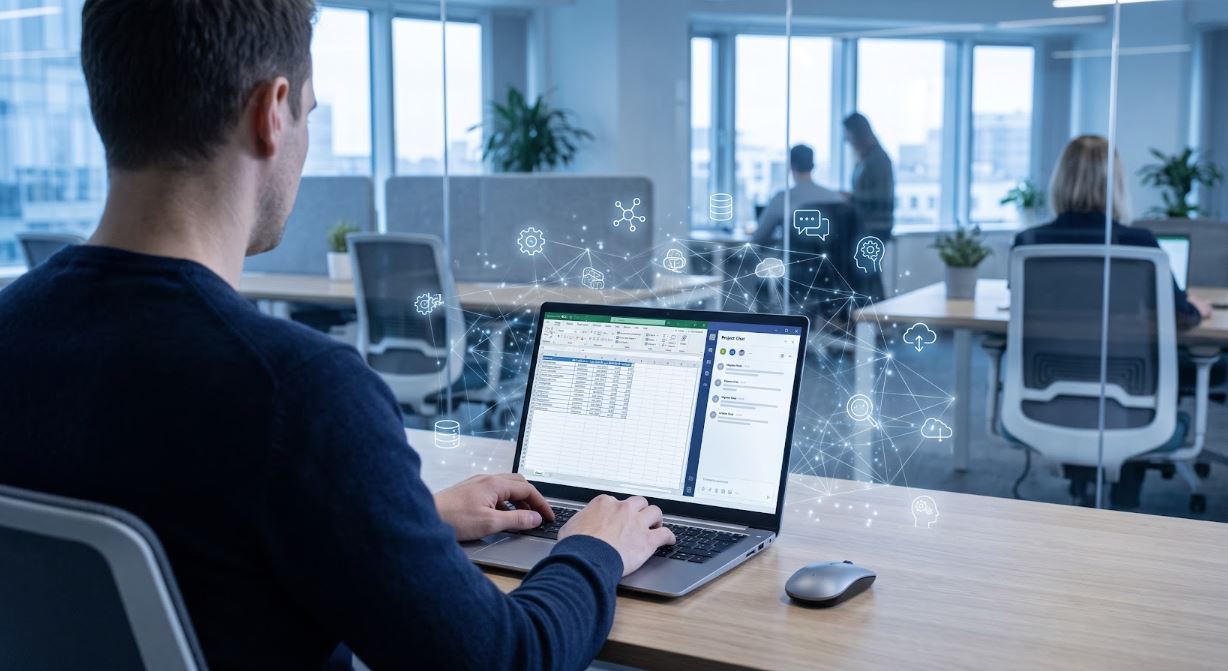 Photograph of an office worker at a laptop with a faint, semi-transparent overlay of scattered app icons and chat bubbles around the screen, suggesting hidden or unofficial AI tools running unseen.