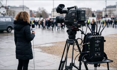 Photograph of a field reporter's backpack-mounted bonded streaming encoder with multiple cellular antennas visible, connected to a professional video camera at an outdoor news location.
