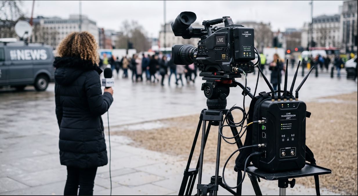 Photograph of a field reporter's backpack-mounted bonded streaming encoder with multiple cellular antennas visible, connected to a professional video camera at an outdoor news location.