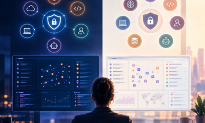Split-screen comparison of enterprise AI security platforms, showing connected AI applications, security dashboards, threat monitoring, and agent workflow protection.