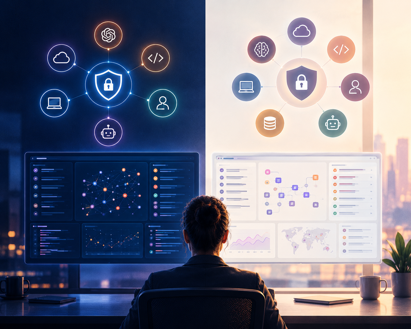 Split-screen comparison of enterprise AI security platforms, showing connected AI applications, security dashboards, threat monitoring, and agent workflow protection.