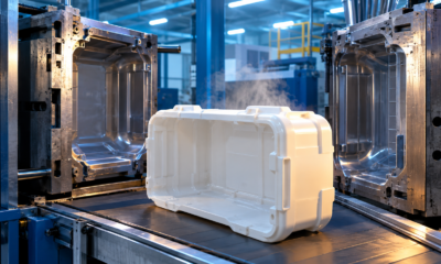 Freshly ejected white blow molded case shell resting beside an open steel mold in a plastics factory.