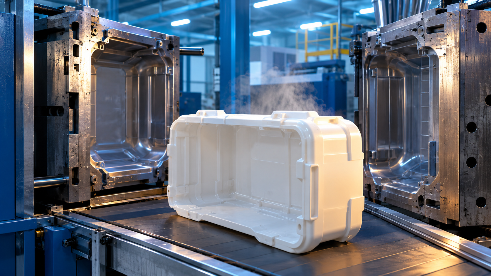 Freshly ejected white blow molded case shell resting beside an open steel mold in a plastics factory.