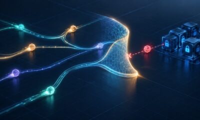 Illustration of glowing AI agent figures moving along branching paths while a flexible translucent shield reshapes around them to block one that veers toward locked data.