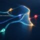 Illustration of glowing AI agent figures moving along branching paths while a flexible translucent shield reshapes around them to block one that veers toward locked data.