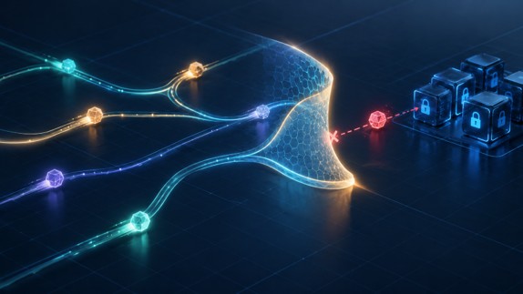 Illustration of glowing AI agent figures moving along branching paths while a flexible translucent shield reshapes around them to block one that veers toward locked data.