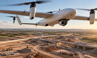 Fixed-wing survey drone with an underslung camera payload flying over a highway construction site.