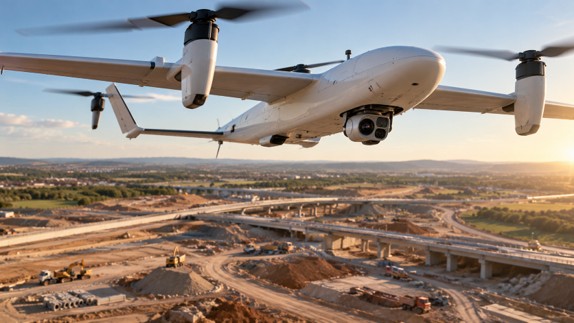 Fixed-wing survey drone with an underslung camera payload flying over a highway construction site.