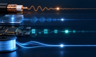 Illustration of four signal lanes showing a coaxial coil, an acoustic crystal chip, a digital circuit board and a glowing fiber spool delaying the same pulse.