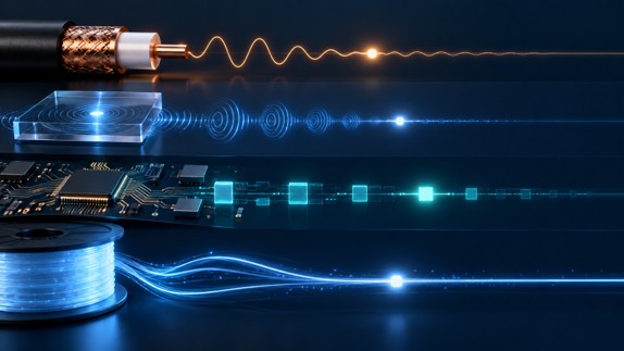 Illustration of four signal lanes showing a coaxial coil, an acoustic crystal chip, a digital circuit board and a glowing fiber spool delaying the same pulse.