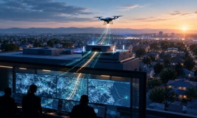 Illustration of a drone lifting off from a rooftop dock at dawn while operators in a command center watch live aerial video.