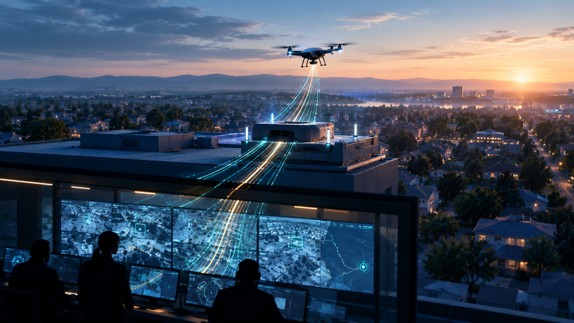 Illustration of a drone lifting off from a rooftop dock at dawn while operators in a command center watch live aerial video.