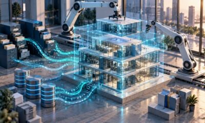 Isometric illustration of a custom AI application being built inside a workshop, with data streams flowing in and a protective lattice around it.