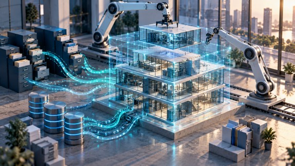 Isometric illustration of a custom AI application being built inside a workshop, with data streams flowing in and a protective lattice around it.