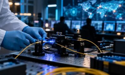 Photo-style image of an engineer adjusting fiber-optic test equipment in a lab with a security operations room in the background.
