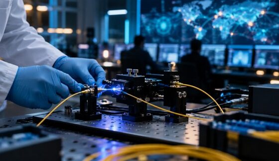 Photo-style image of an engineer adjusting fiber-optic test equipment in a lab with a security operations room in the background.