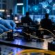Photo-style image of an engineer adjusting fiber-optic test equipment in a lab with a security operations room in the background.