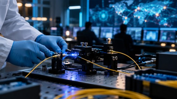 Photo-style image of an engineer adjusting fiber-optic test equipment in a lab with a security operations room in the background.