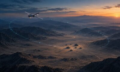 Illustration of a small fixed-wing loitering munition circling above a desert valley at dusk.
