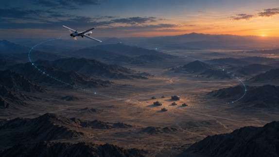 Illustration of a small fixed-wing loitering munition circling above a desert valley at dusk.