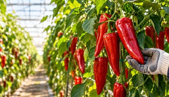 Long red conical sweet peppers hanging on greenhouse pepper plants in warm morning light.