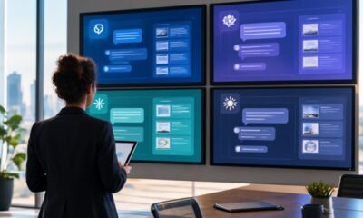 Marketer seen from behind comparing four screens that each show a different abstract AI chat interface.