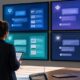 Marketer seen from behind comparing four screens that each show a different abstract AI chat interface.