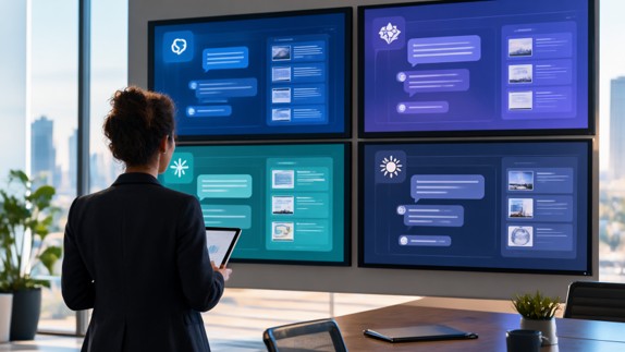 Marketer seen from behind comparing four screens that each show a different abstract AI chat interface.