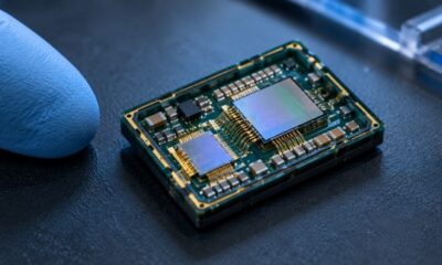 Macro photograph of an opened multi-die electronic module with bare silicon dies, passive components and gold bond wires on a laminate substrate