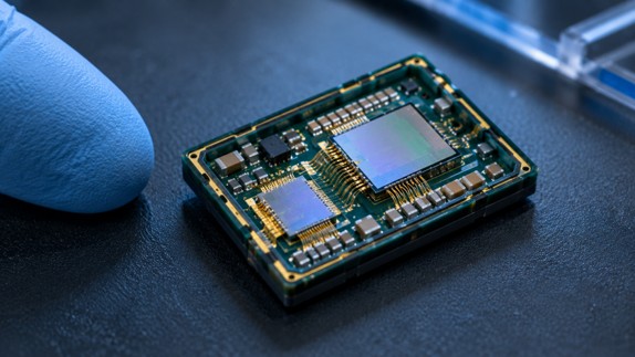 Macro photograph of an opened multi-die electronic module with bare silicon dies, passive components and gold bond wires on a laminate substrate