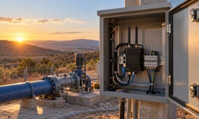 Compact DIN-rail cellular router mounted inside an open utility cabinet at a remote pumping station.