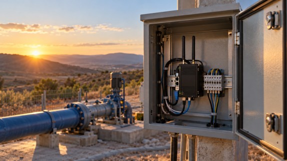 Compact DIN-rail cellular router mounted inside an open utility cabinet at a remote pumping station.